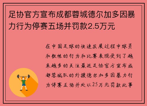 足协官方宣布成都蓉城德尔加多因暴力行为停赛五场并罚款2.5万元