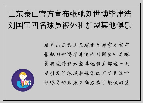 山东泰山官方宣布张弛刘世博毕津浩刘国宝四名球员被外租加盟其他俱乐部