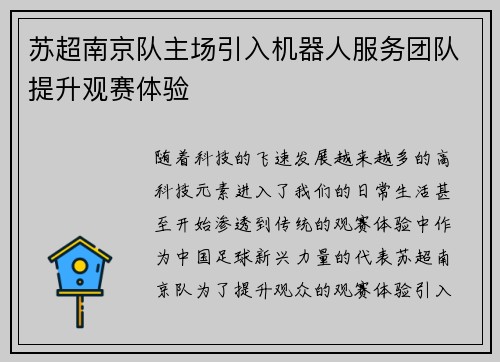苏超南京队主场引入机器人服务团队提升观赛体验
